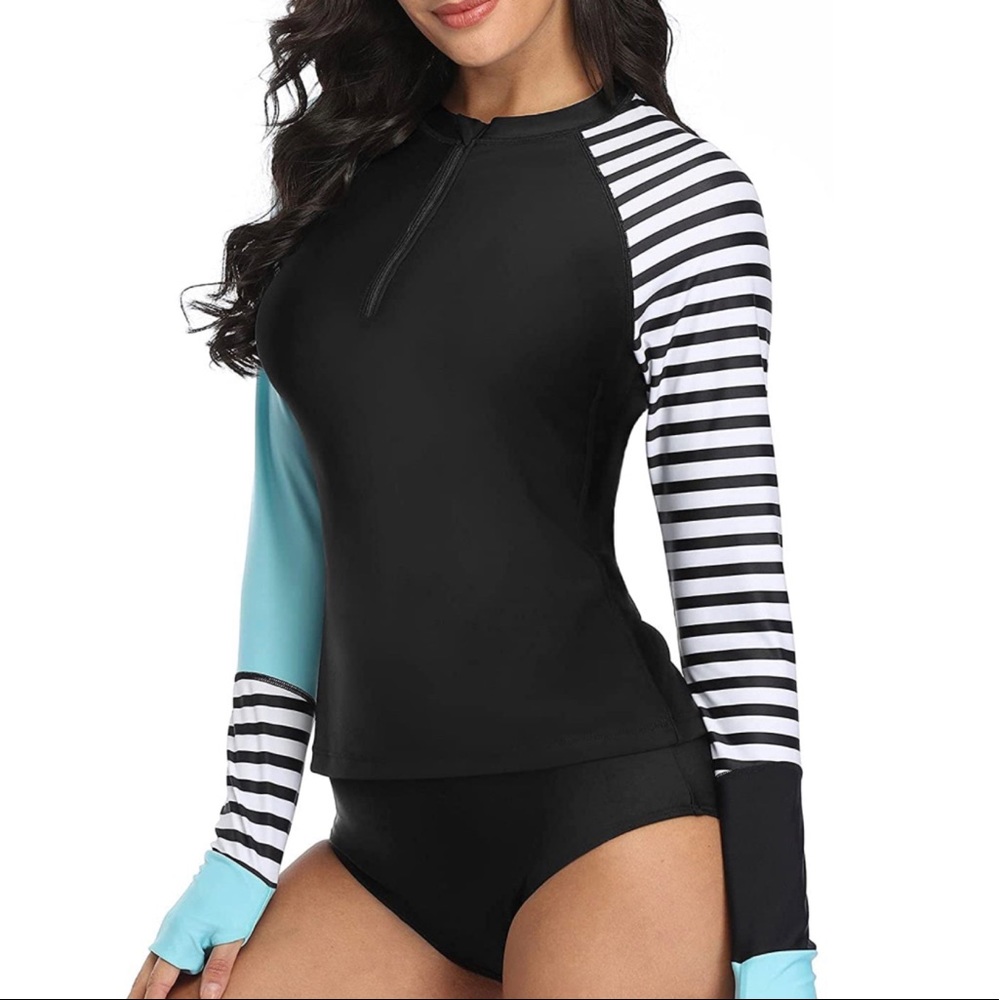 Striped Black and Aqua Women's Swim Top - Picture 5 of 8